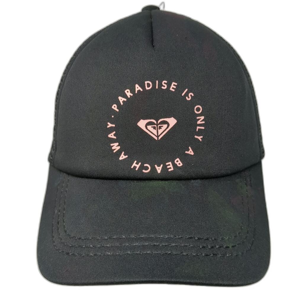 Roxy Trucker Hat Black One Size Snapback Pink Paradise Beach Heart Logo Mesh Sun